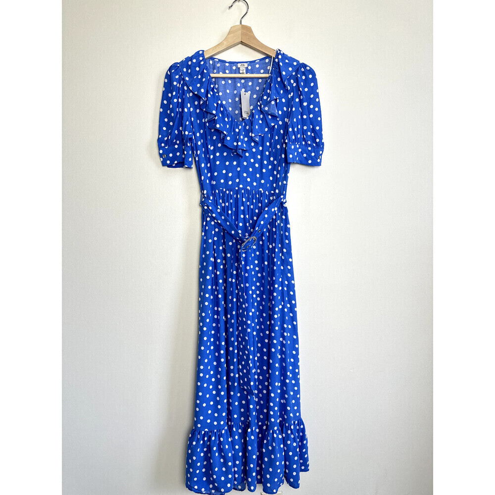 NWT RIVER ISLAND Women's Belted Cotton dress polka dots in blue Sz 2 $130